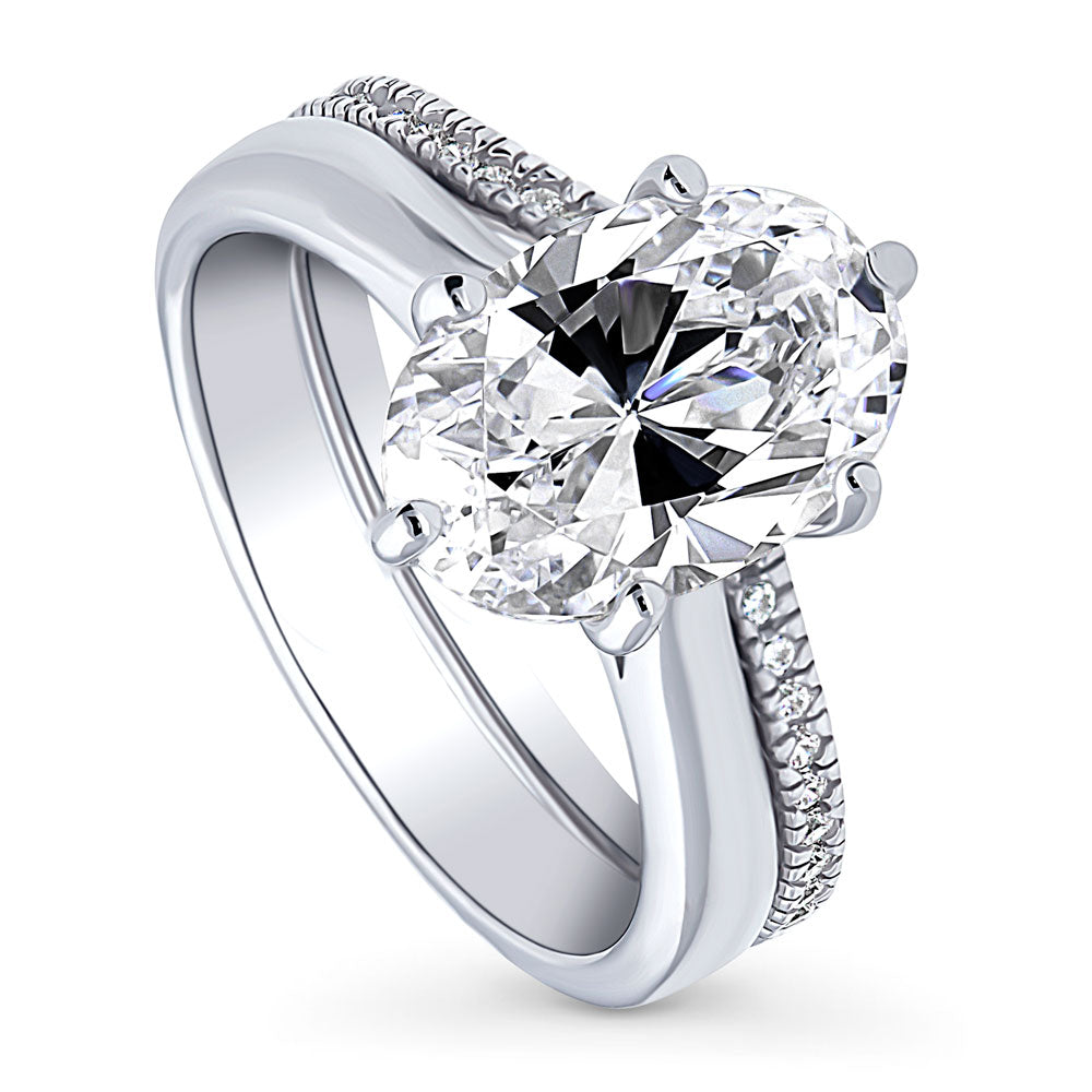 Solitaire Wishbone 3ct Oval CZ Ring Set in Sterling Silver