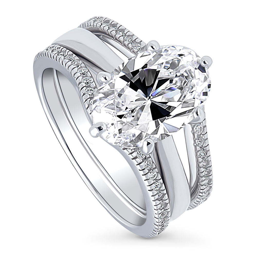Front view of Solitaire Wishbone 3ct Oval CZ Ring Set in Sterling Silver, 4 of 19