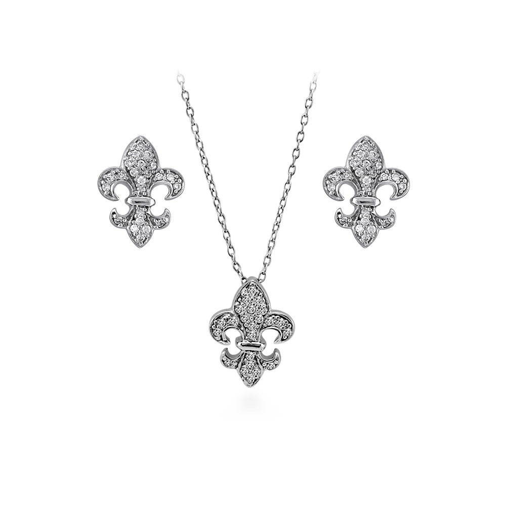Fleur De Lis CZ Necklace and Earrings in Sterling Silver, 1 of 14
