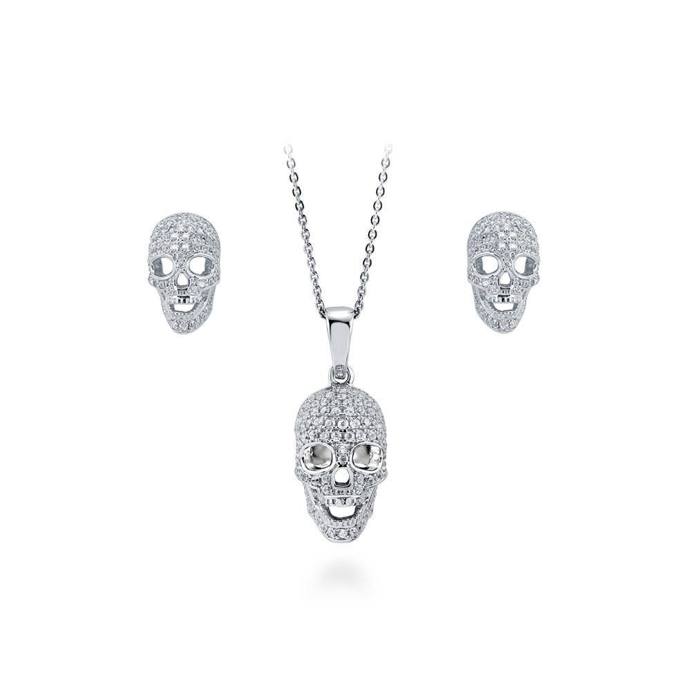Skull Bones CZ Necklace and Earrings in Sterling Silver