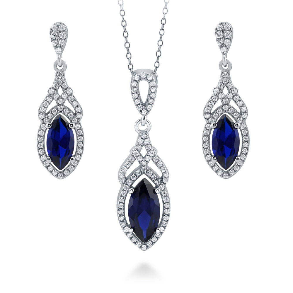 Halo Art Deco Sapphire-Blue Marquise CZ Set in Sterling Silver