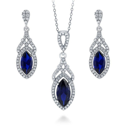 Halo Art Deco Sapphire-Blue Marquise CZ Set in Sterling Silver
