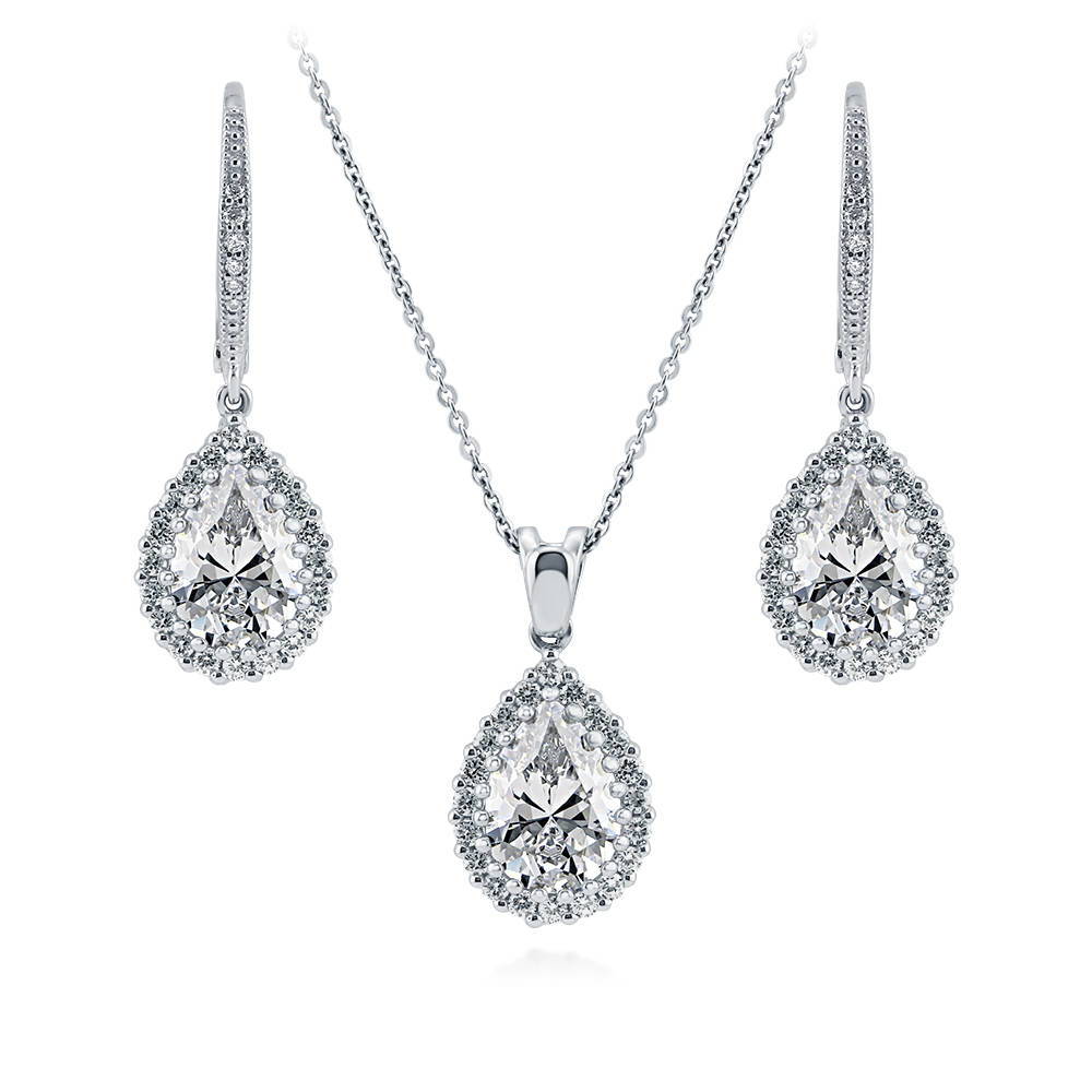 Halo Pear CZ Necklace and Earrings in Sterling Silver