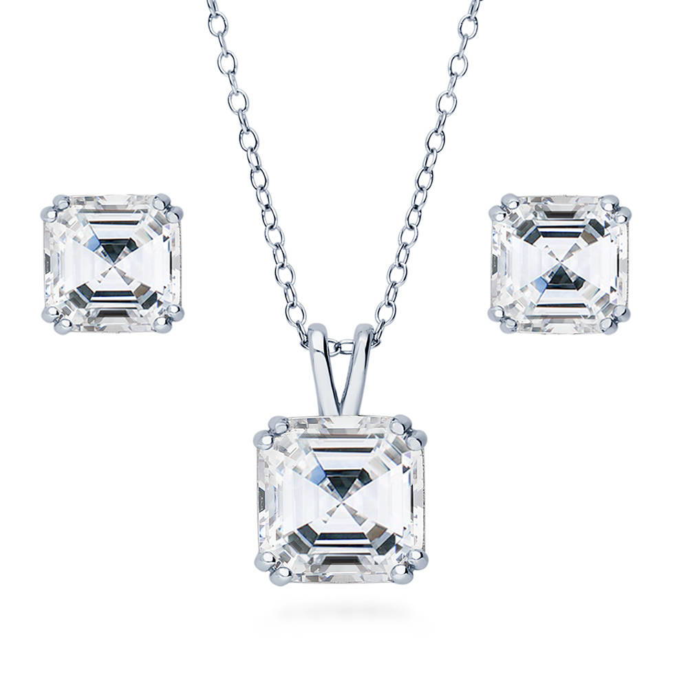 Solitaire Asscher CZ Necklace and Earrings Set in Sterling Silver