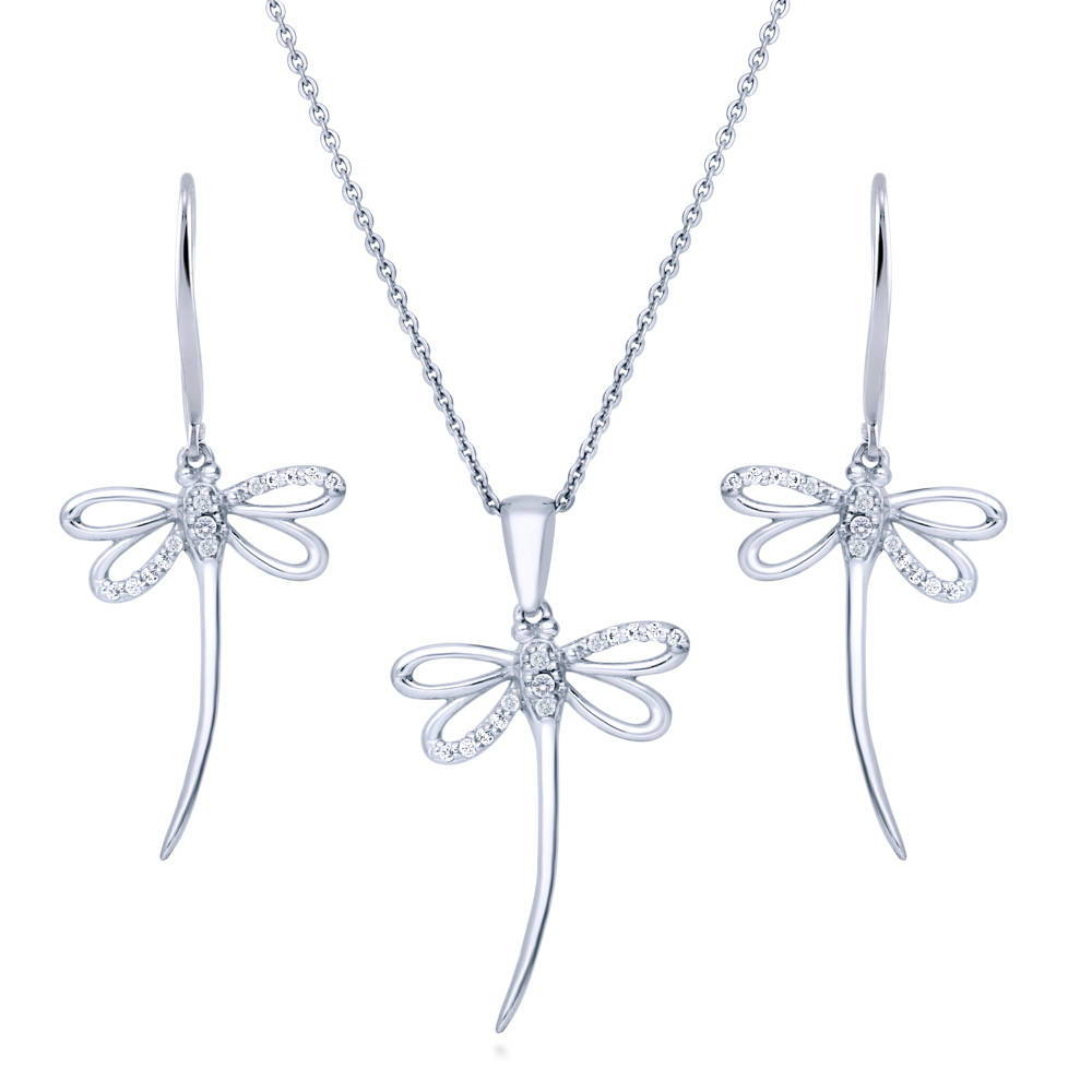 Dragonfly CZ Necklace and Earrings in Sterling Silver