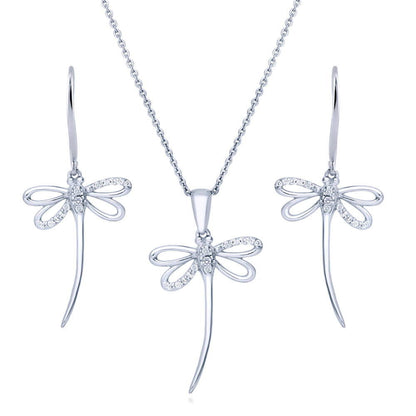 Dragonfly CZ Necklace and Earrings in Sterling Silver
