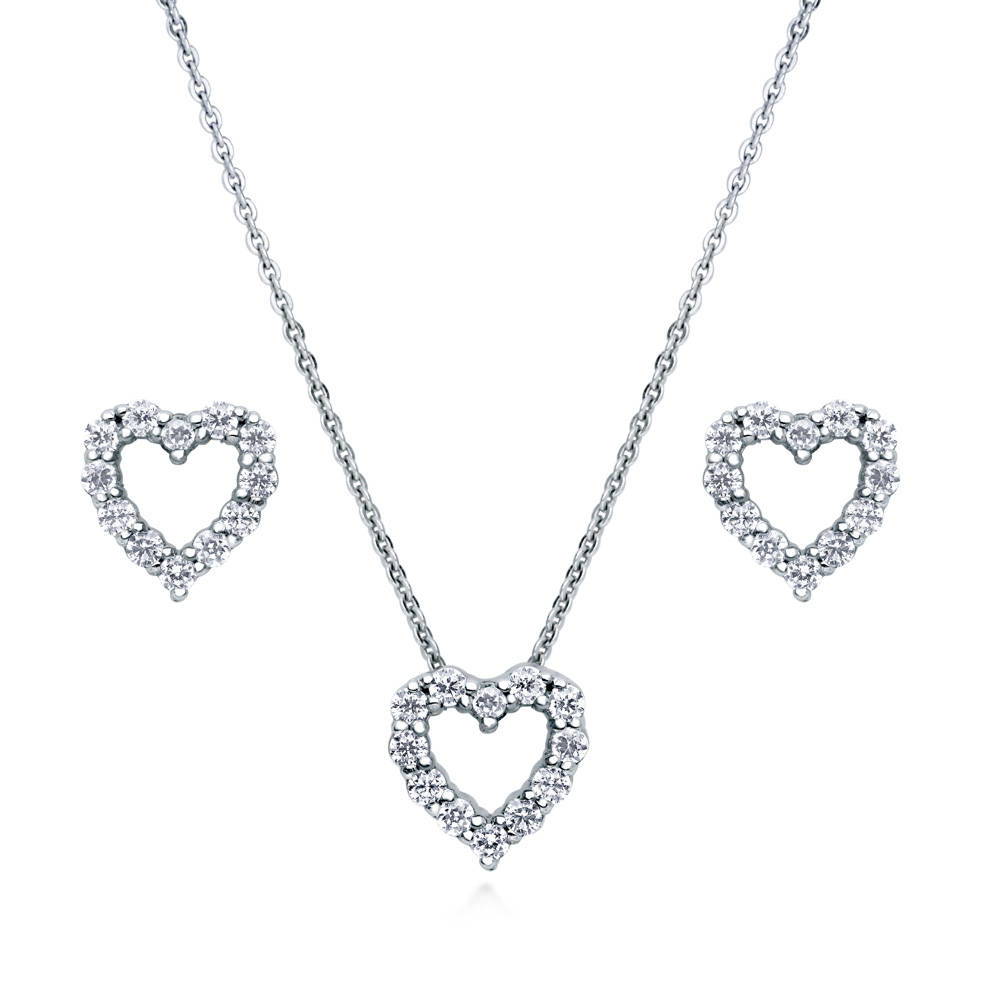 Open Heart CZ Necklace and Earrings Set in Sterling Silver