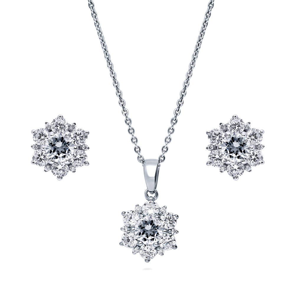 Flower Halo CZ Necklace and Earrings in Sterling Silver