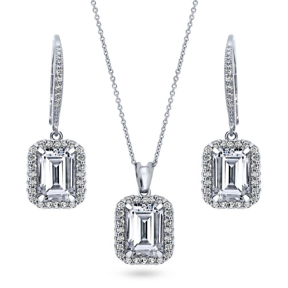Halo Emerald Cut CZ Set in Sterling Silver