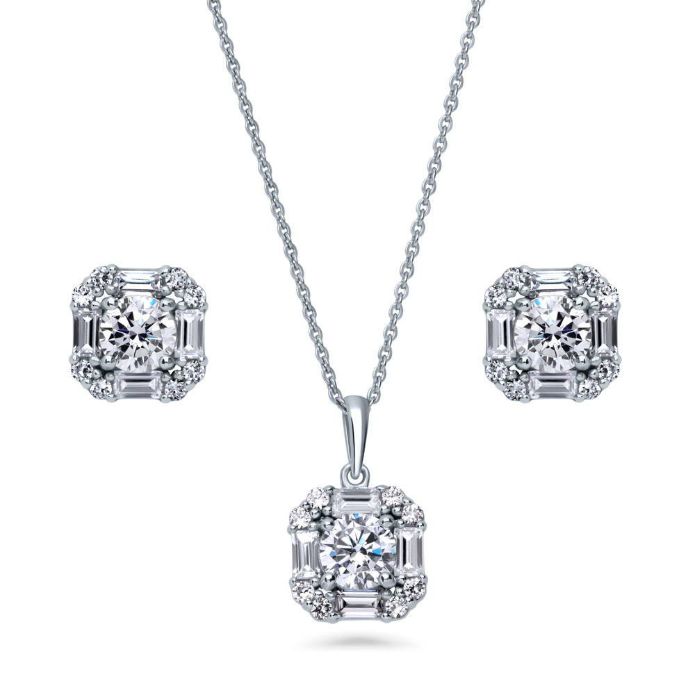 Halo Art Deco CZ Necklace and Earrings in Sterling Silver, 1 of 12