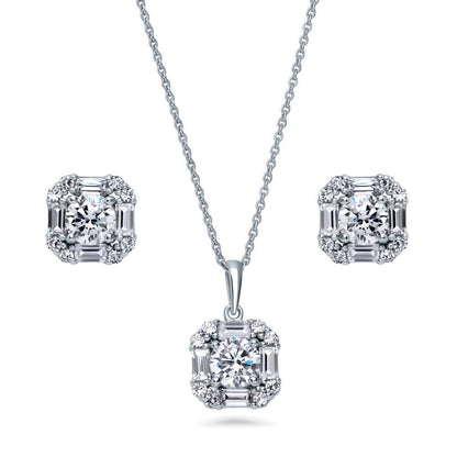 Halo Art Deco CZ Necklace and Earrings in Sterling Silver