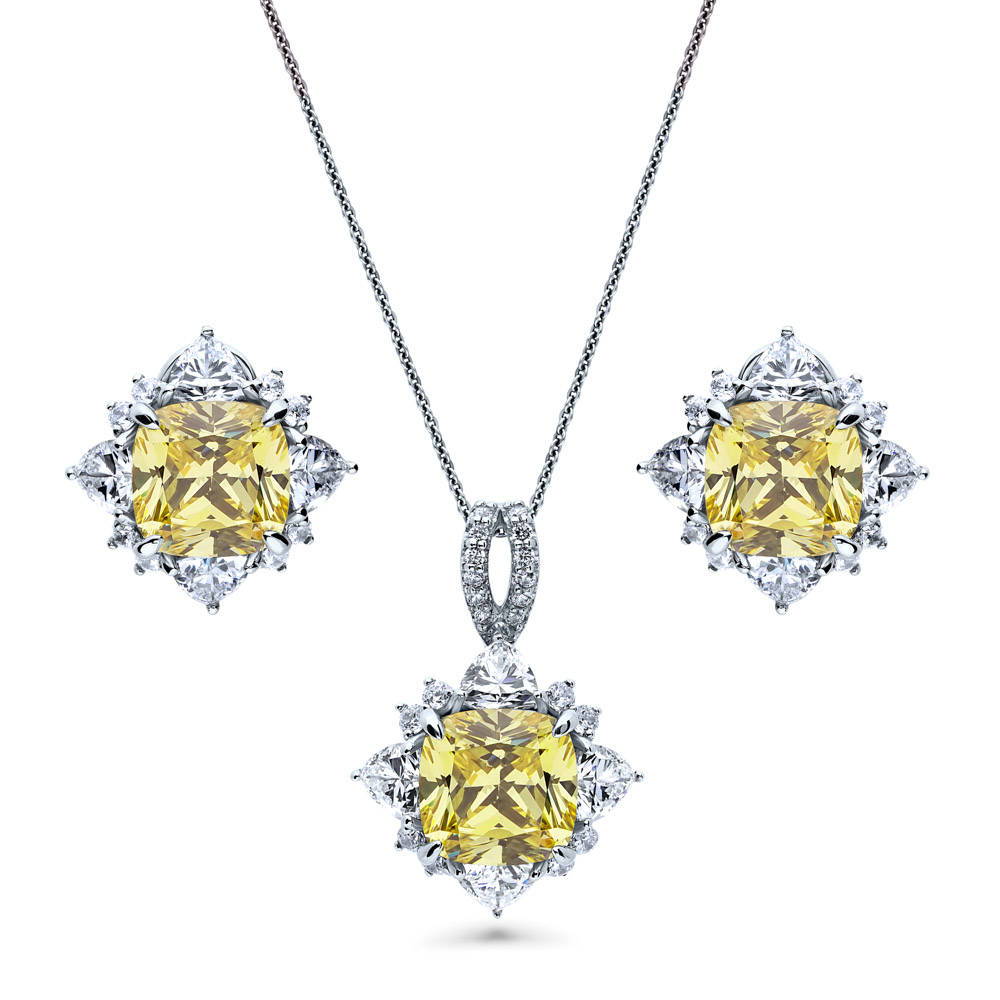 Halo Flower Canary Yellow Cushion CZ Set in Sterling Silver, 1 of 12