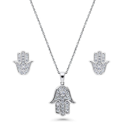 Hamsa Hand CZ Necklace and Earrings in Sterling Silver