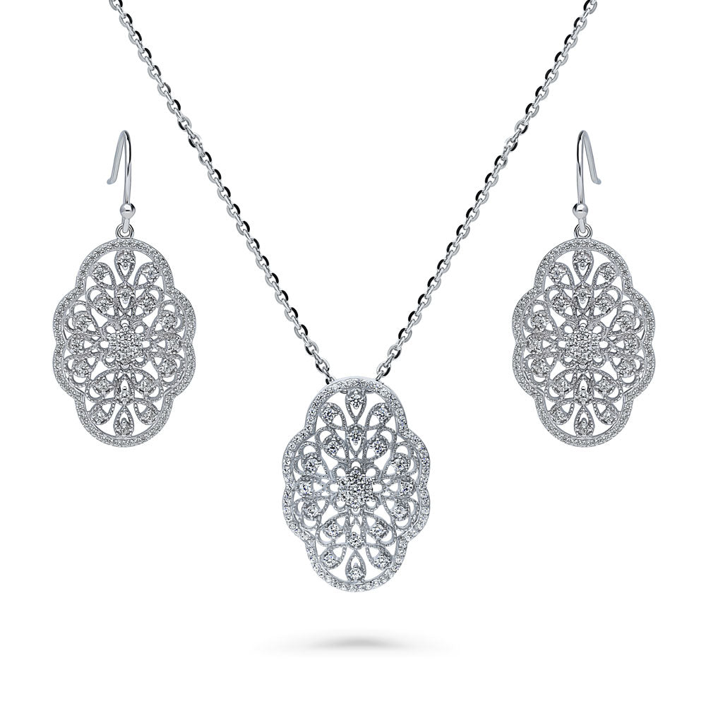 Flower Milgrain Art Deco Filigree CZ Set in Sterling Silver, 1 of 13