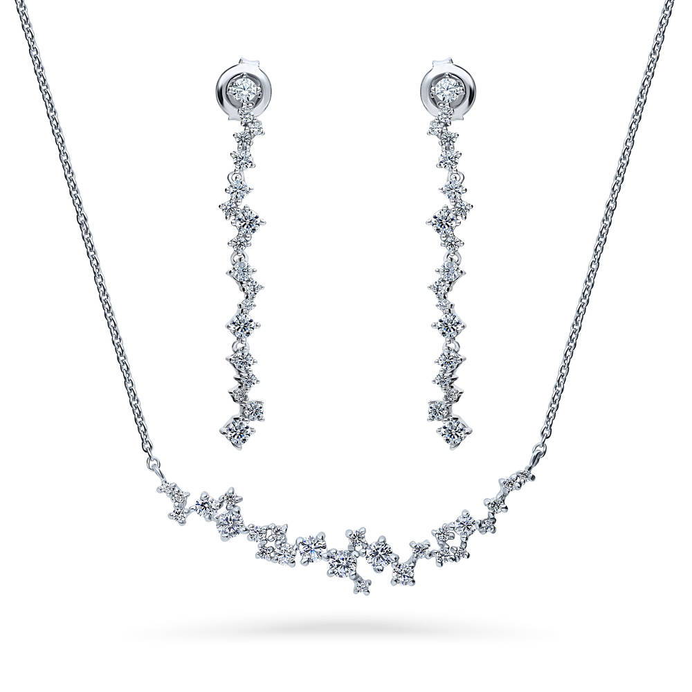 Cluster Bar CZ Necklace and Earrings in Sterling Silver