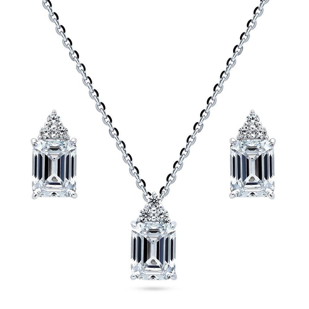 Solitaire Emerald Cut CZ Necklace and Earrings Set in Sterling Silver