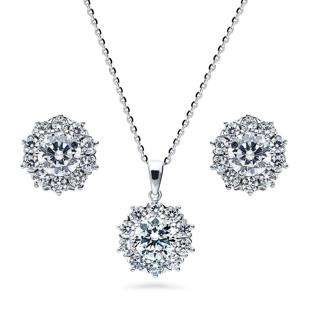 Flower Halo CZ Necklace and Earrings Set in Sterling Silver