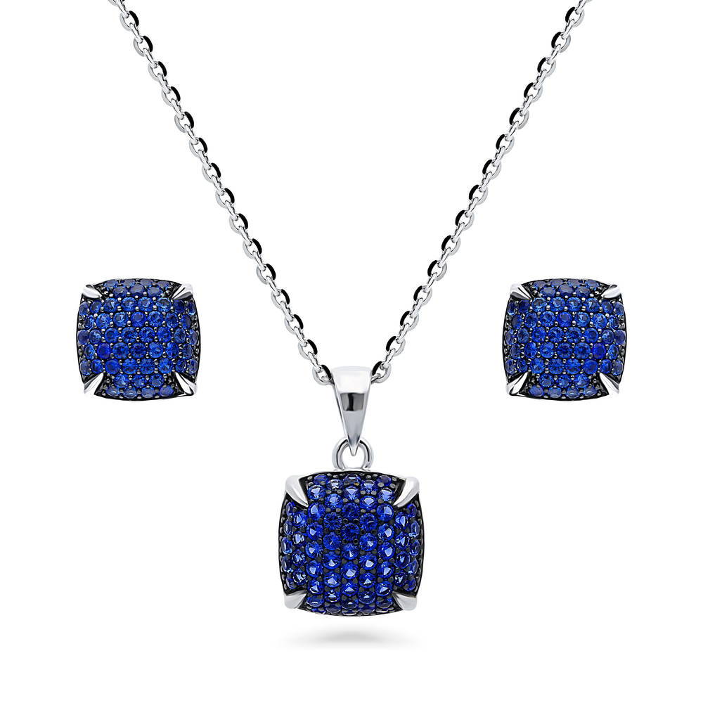Milgrain Blue CZ Necklace and Earrings Set in Sterling Silver