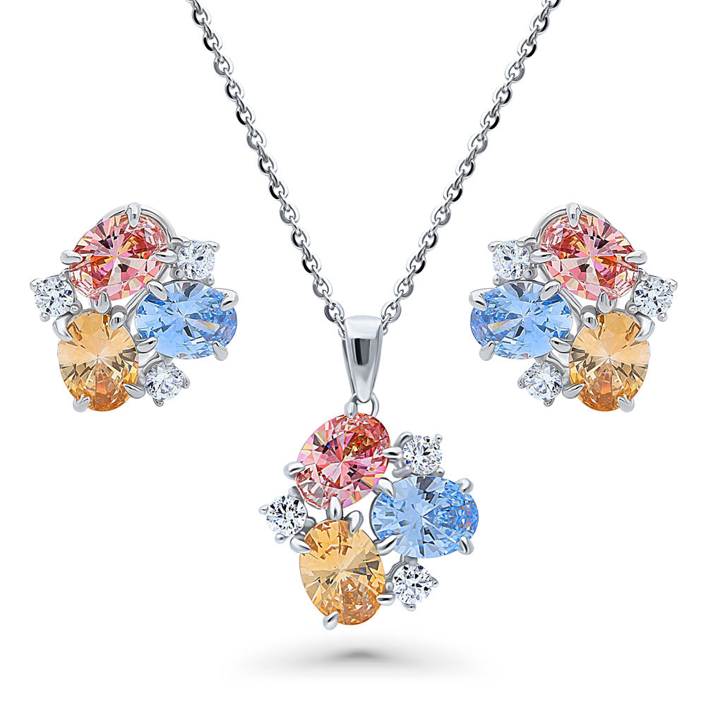 Cluster Blue CZ Necklace and Earrings Set in Sterling Silver