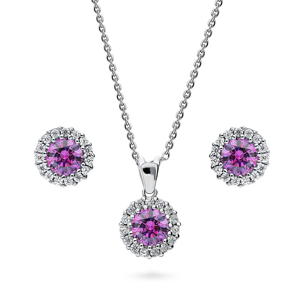 Halo Purple Round CZ Necklace and Earrings Set in Sterling Silver