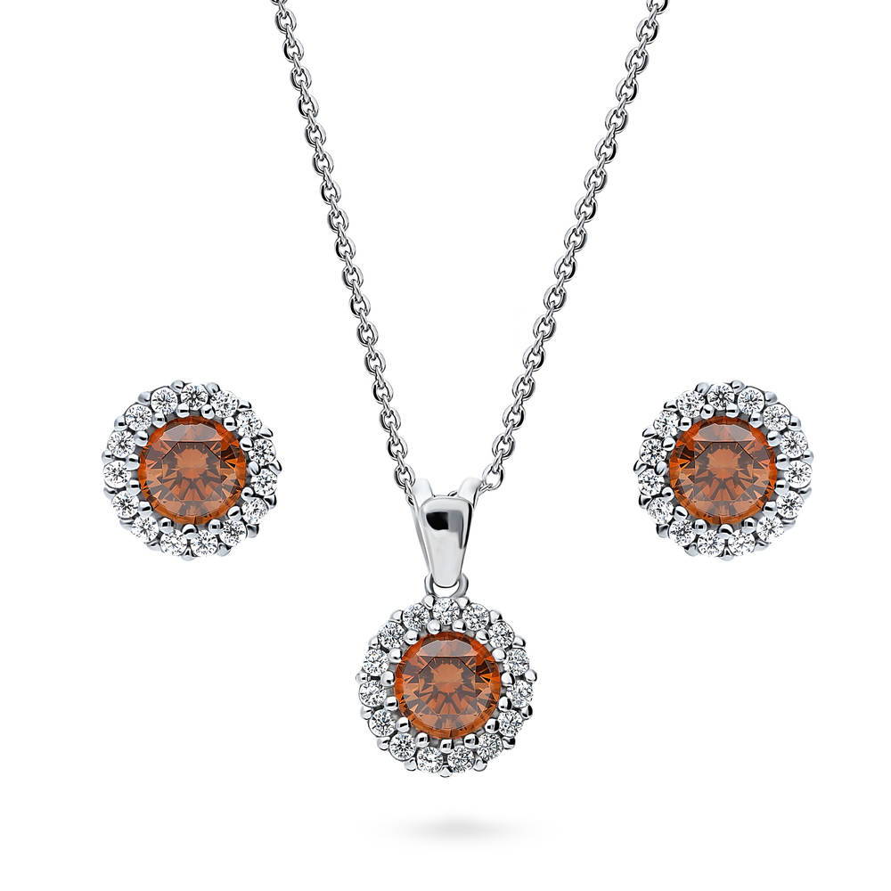 Halo Caramel Round CZ Necklace and Earrings Set in Sterling Silver