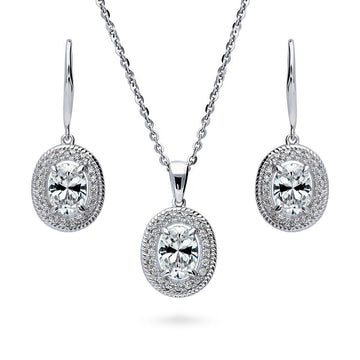 Halo Woven Oval CZ Necklace and Earrings Set in Sterling Silver