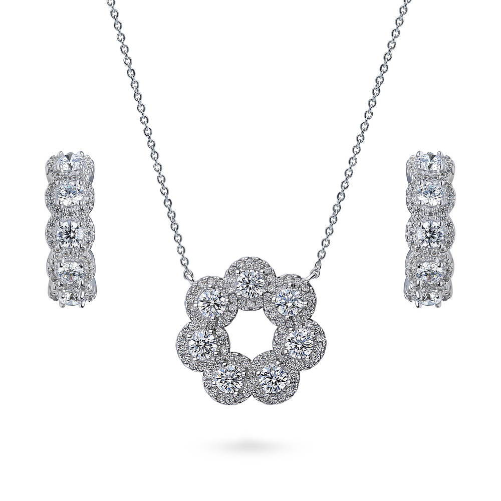 5-Stone 7-Stone CZ Necklace and Hoop Earrings Set in Sterling Silver