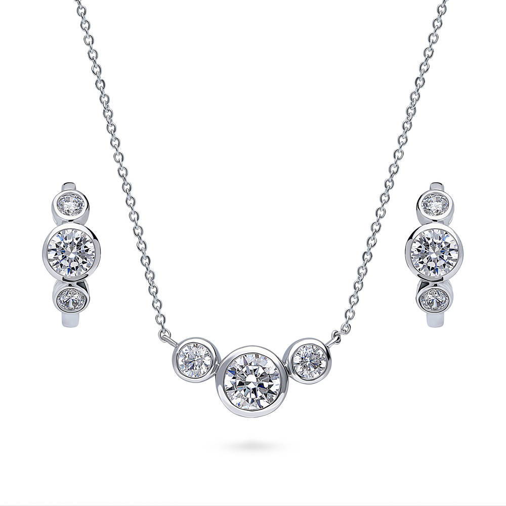 3-Stone Round CZ Necklace and Hoop Earrings Set in Sterling Silver, 1 of 9