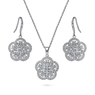 Flower CZ Statement Necklace and Earrings Set in Sterling Silver