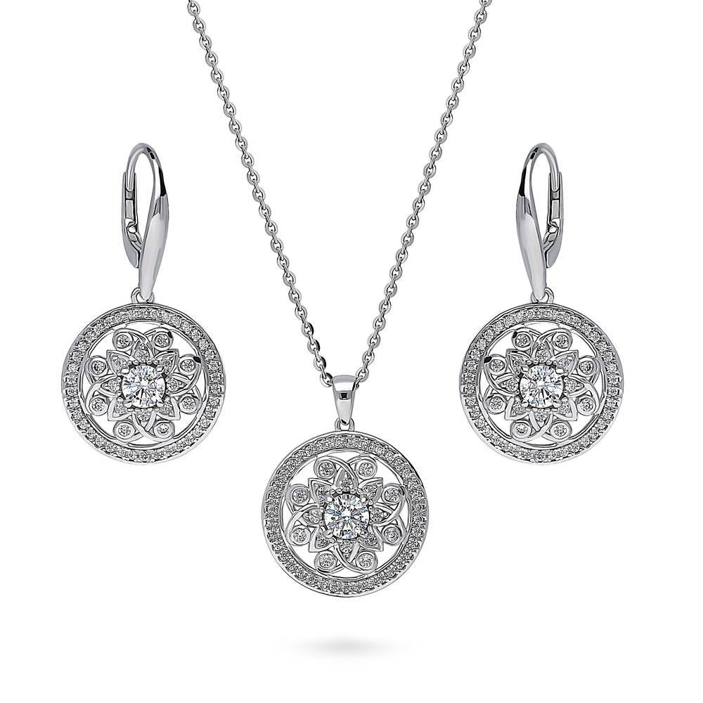 Flower Medallion CZ Necklace and Earrings Set in Sterling Silver