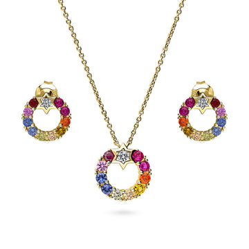 Open Circle Star Multi Color CZ Set in Gold Flashed Sterling Silver