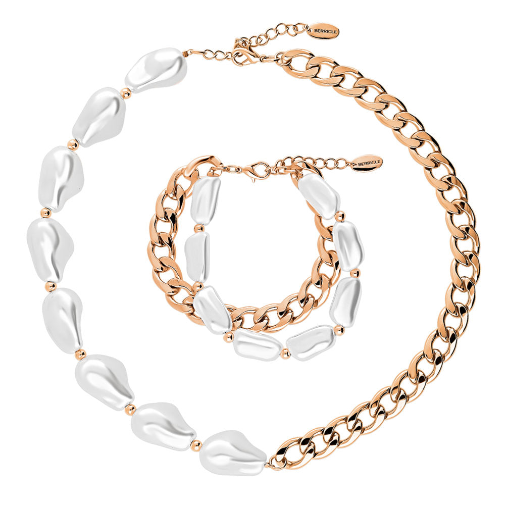 Imitation Pearl Bracelet and Necklace Set in Base Metal, 2 Piece
