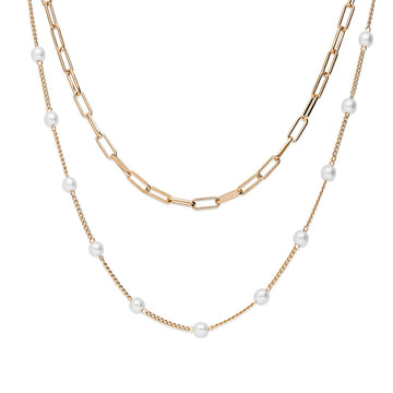 Paperclip Imitation Pearl Chain Necklace in Base Metal, 2 Piece