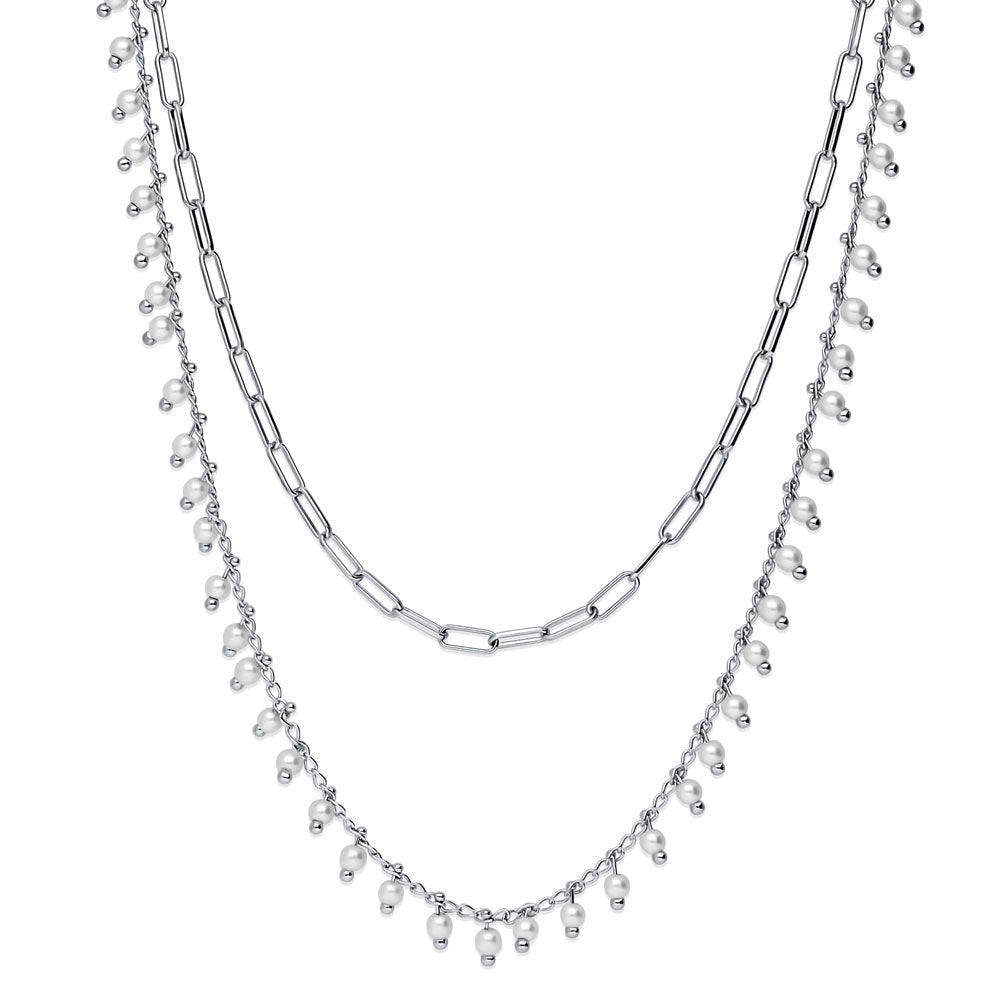 Paperclip Imitation Pearl Chain Necklace in Silver-Tone, 2 Piece