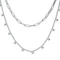 Front view of Bead Paperclip Link Chain Necklace, 2 Piece, Rhodium Plated