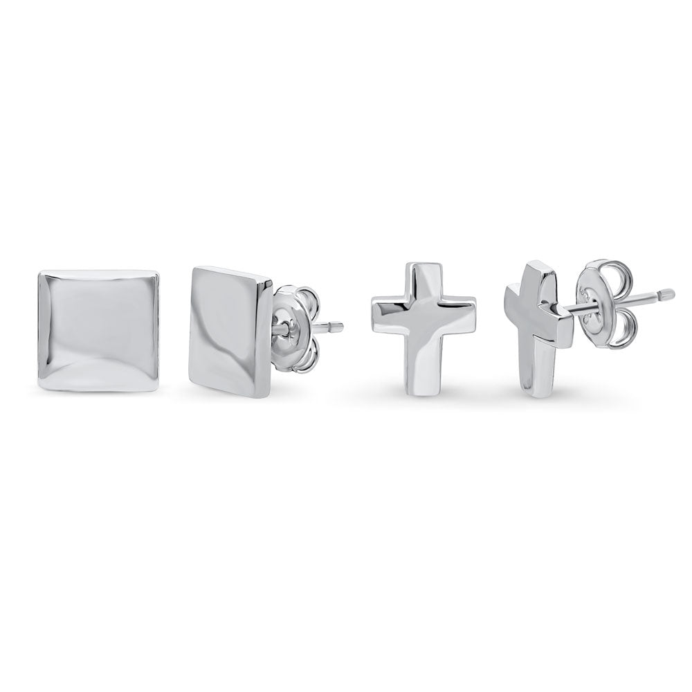 Cross Square Stud Earrings in Sterling Silver, 2 Pairs, 1 of 11
