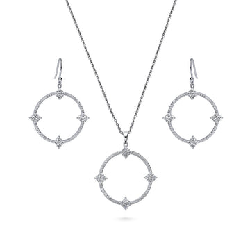 Flower Open Circle CZ Necklace and Earrings Set in Sterling Silver