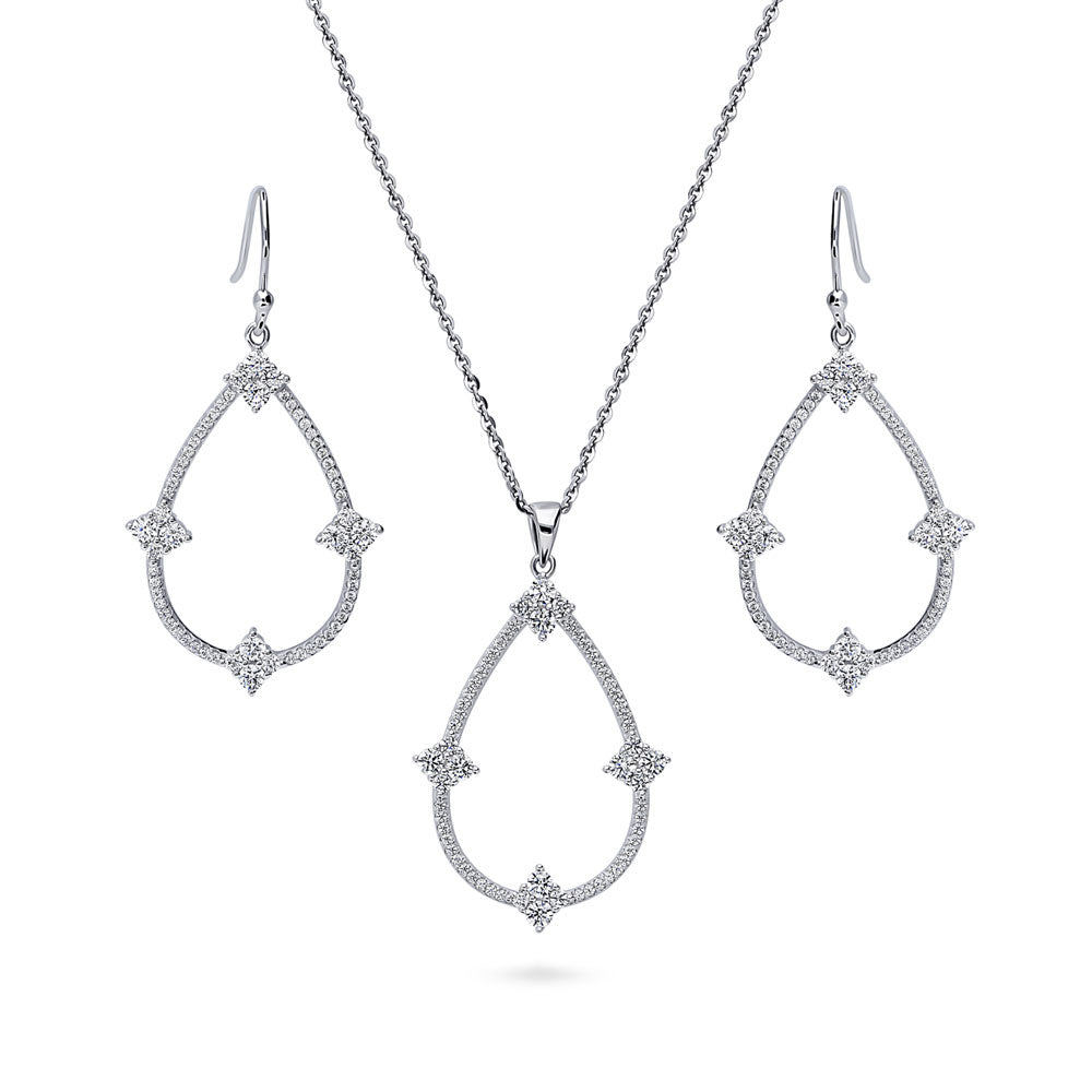 Flower Teardrop CZ Necklace and Earrings Set in Sterling Silver