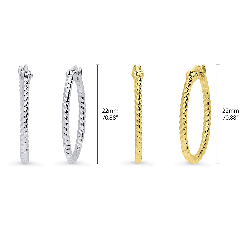 Cable Hoop Earrings in Gold Flashed Sterling Silver 0.9", 2 Pairs