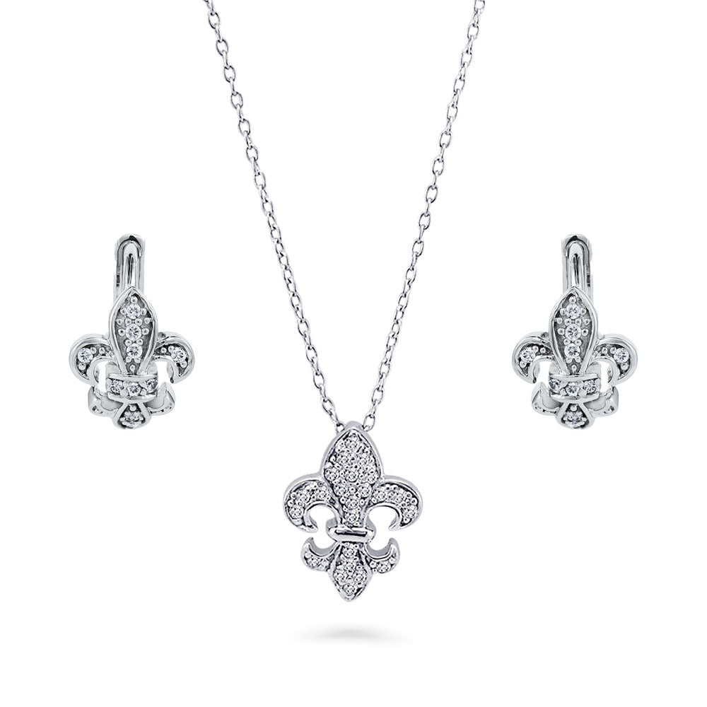 Fleur De Lis CZ Necklace and Earrings in Sterling Silver