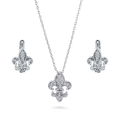 Fleur De Lis CZ Necklace and Earrings in Sterling Silver