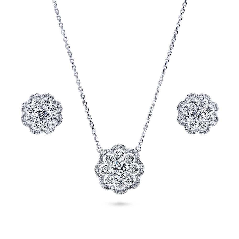 Flower Halo CZ Necklace and Earrings in Sterling Silver