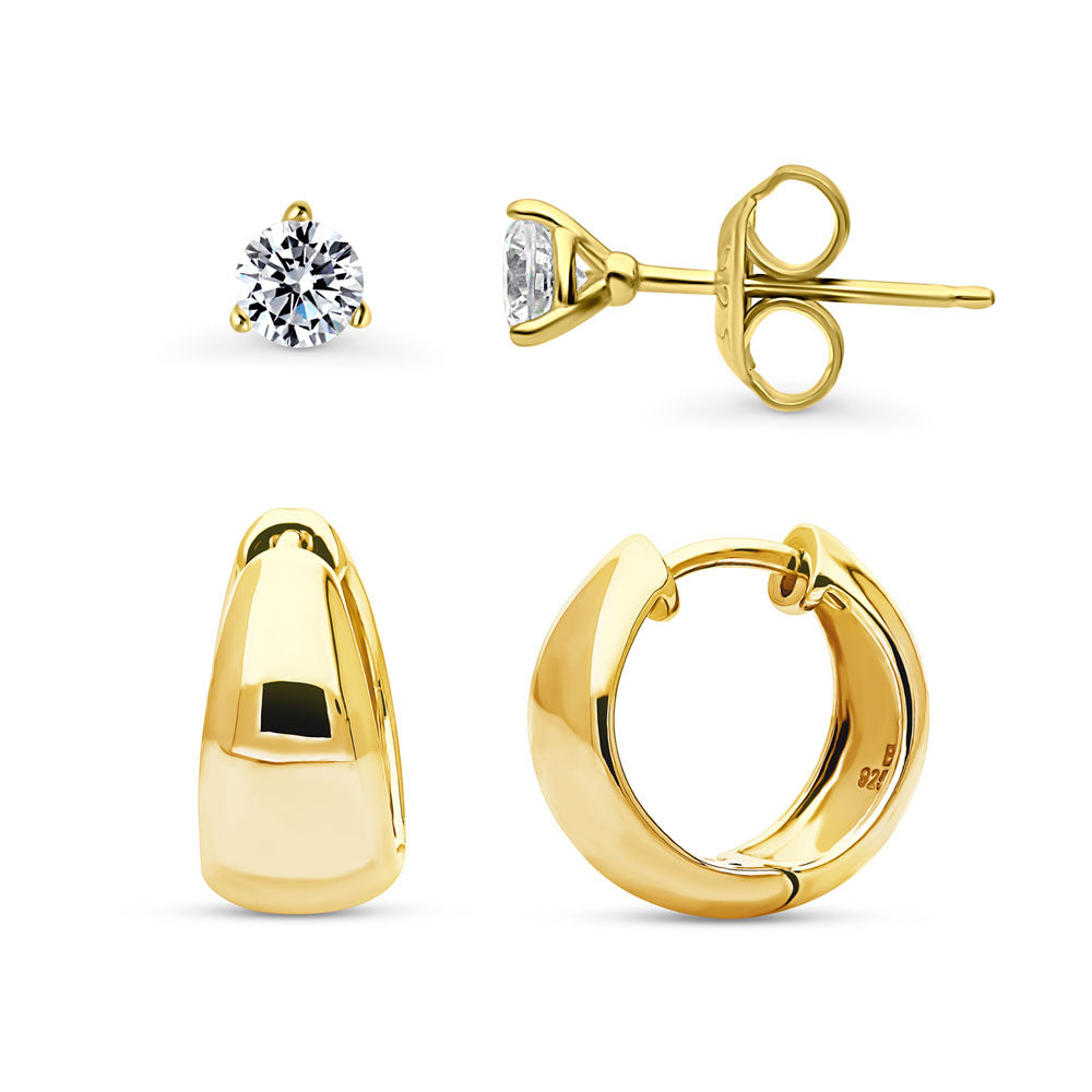 Dome CZ 2 Pairs Huggie and Stud Earrings Set in Sterling Silver