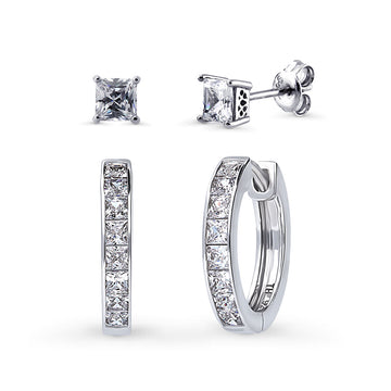 Bar Solitaire CZ 2 Pairs Hoop and Stud Earrings Set in Sterling Silver