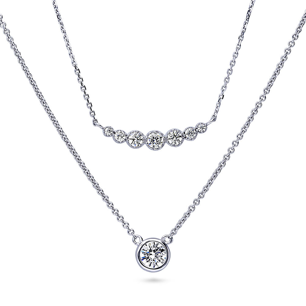 Front view of Solitaire Bubble Bar CZ Layered Necklace Set in Sterling Silver, 4 of 14