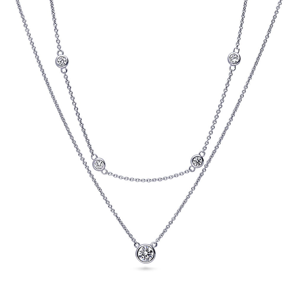 Solitaire 0.45ct Round CZ Pendant Station Necklace in Sterling Silver