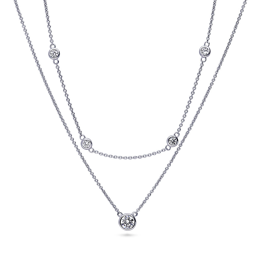 Front view of Solitaire Station Bezel CZ Necklace Set in Sterling Silver, 4 of 14