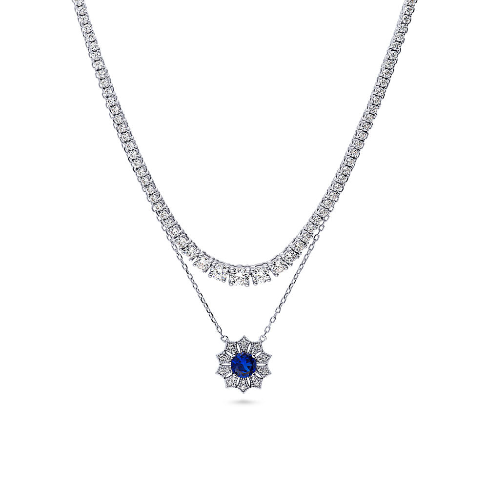 Graduated Flower Milgrain Blue CZ Necklace Set in Sterling Silver, 1 of 19