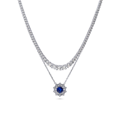 Graduated Flower Milgrain Blue CZ Necklace Set in Sterling Silver