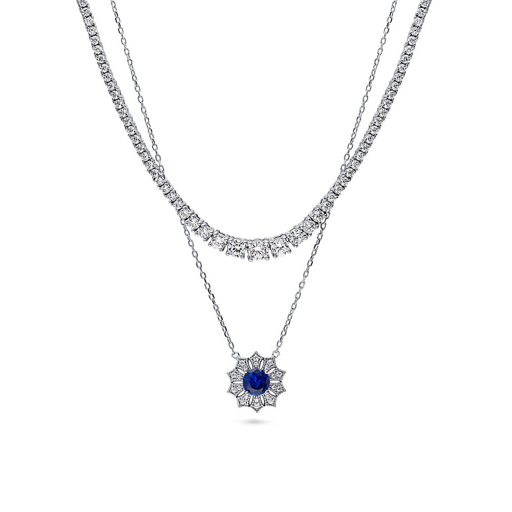 Flower Blue CZ Pendant And Tennis Necklace Set in Sterling Silver